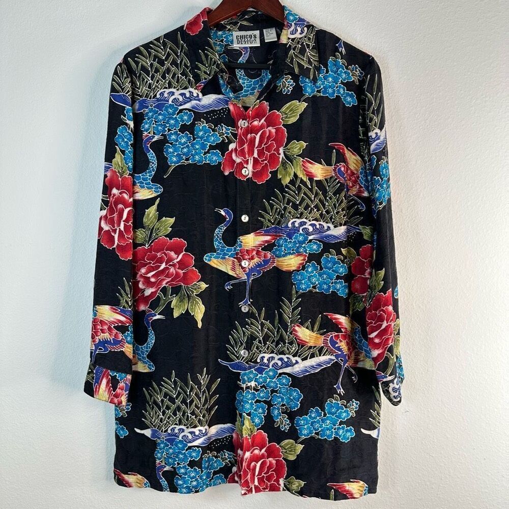 Vintage Chicos Design Womens 100% Silk Asian Inspo Tunic Top Bird Floral Novelty